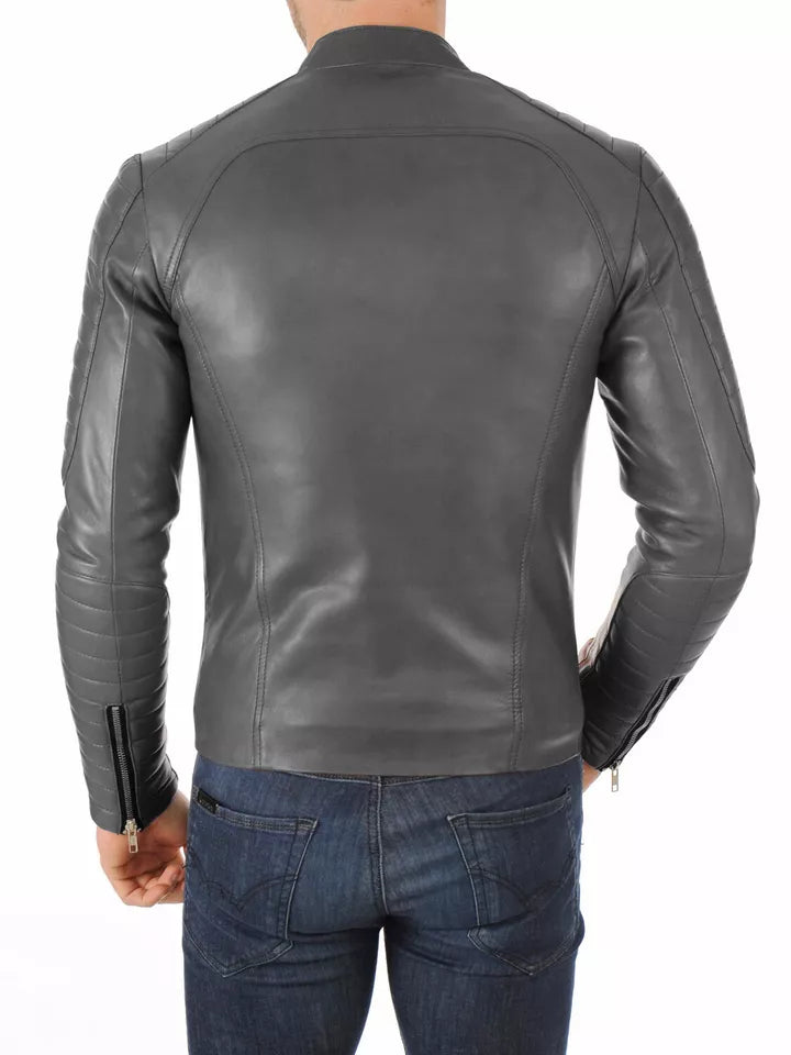 Back view of men's biker leather jacket in black by Lush Gear with zippered cuffs and stitched detailing