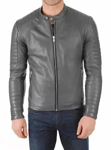 Lush Gear men's biker leather jacket in black with front zipper and quilted sleeve details