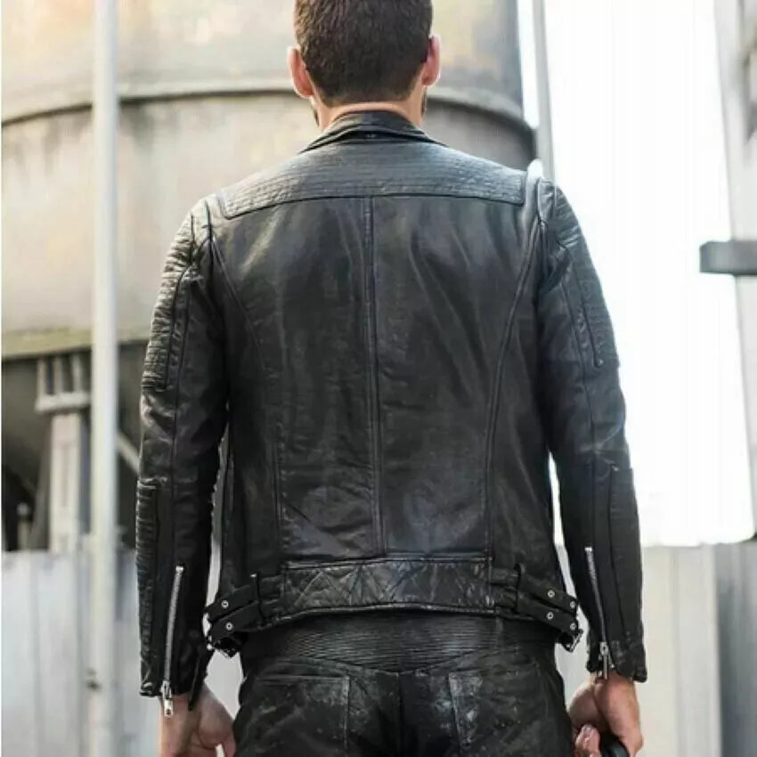 Back view of Men's Biker Style Motorbike Genuine Leather Jacket by Lush Wear in black with zippered sleeves