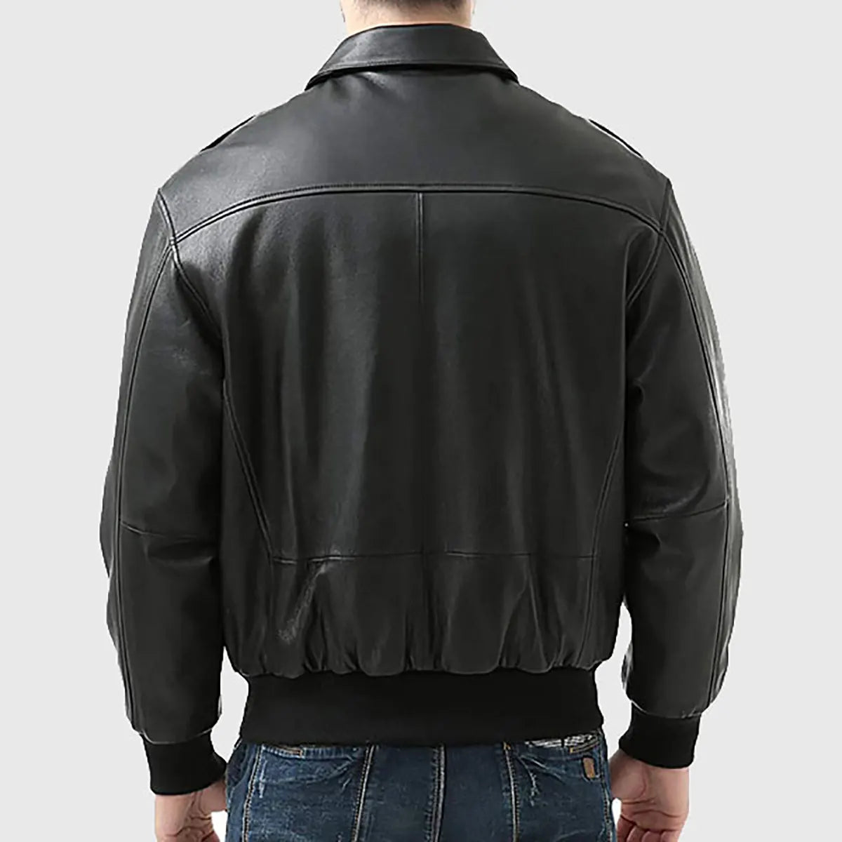 Back view of men's black A-2 bomber leather jacket by Lush Gear with ribbed cuffs and waistband