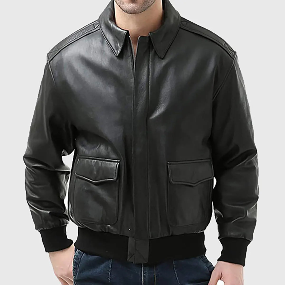 Men's black A-2 bomber leather jacket from Lush Wear with front pockets and ribbed cuffs