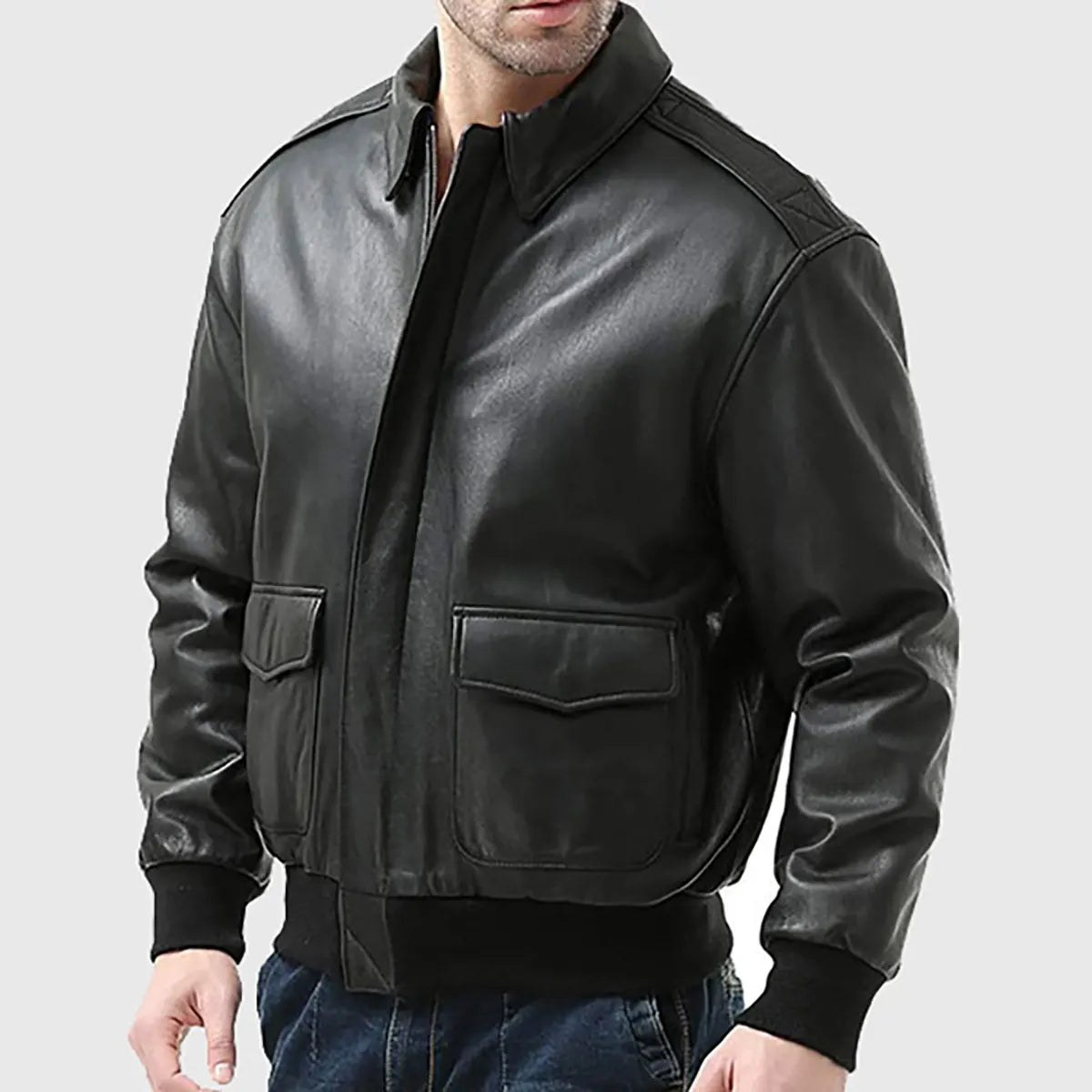Men's black A-2 bomber leather jacket by Lush Gear with front pockets and ribbed cuffs