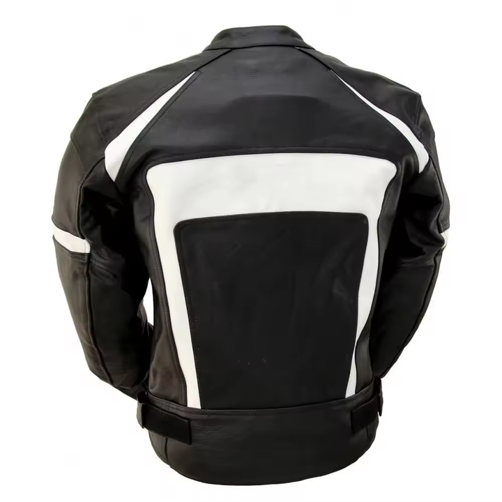 Mens black and white biker jacket from Lush Gear shown from the back with white panel details