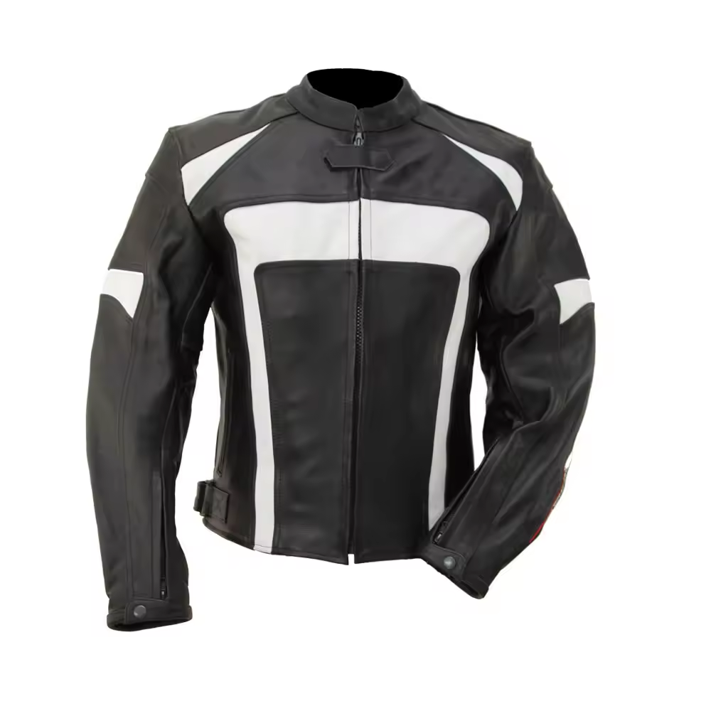 Mens black and white biker jacket from Lush Gear with zip closure and contrasting panel design