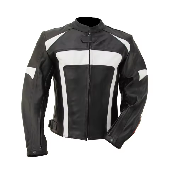 Mens black and white biker jacket from Lush Gear with zip closure and contrasting panel design