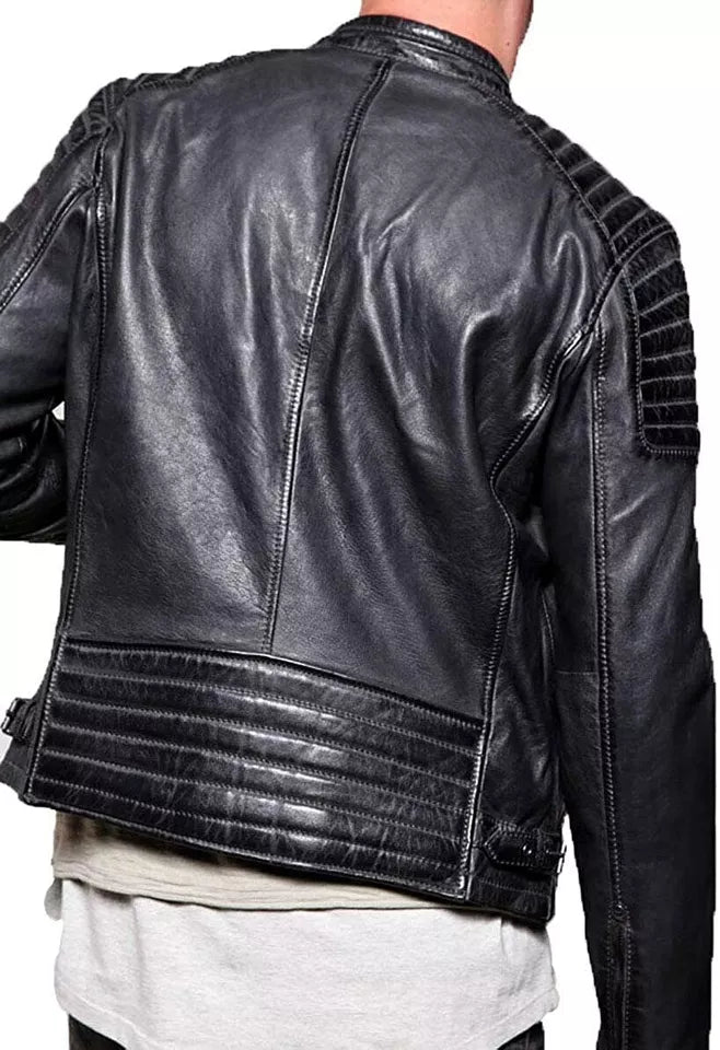 Back view of men's black biker leather jacket by Lush Gear with quilted shoulder and lower back design