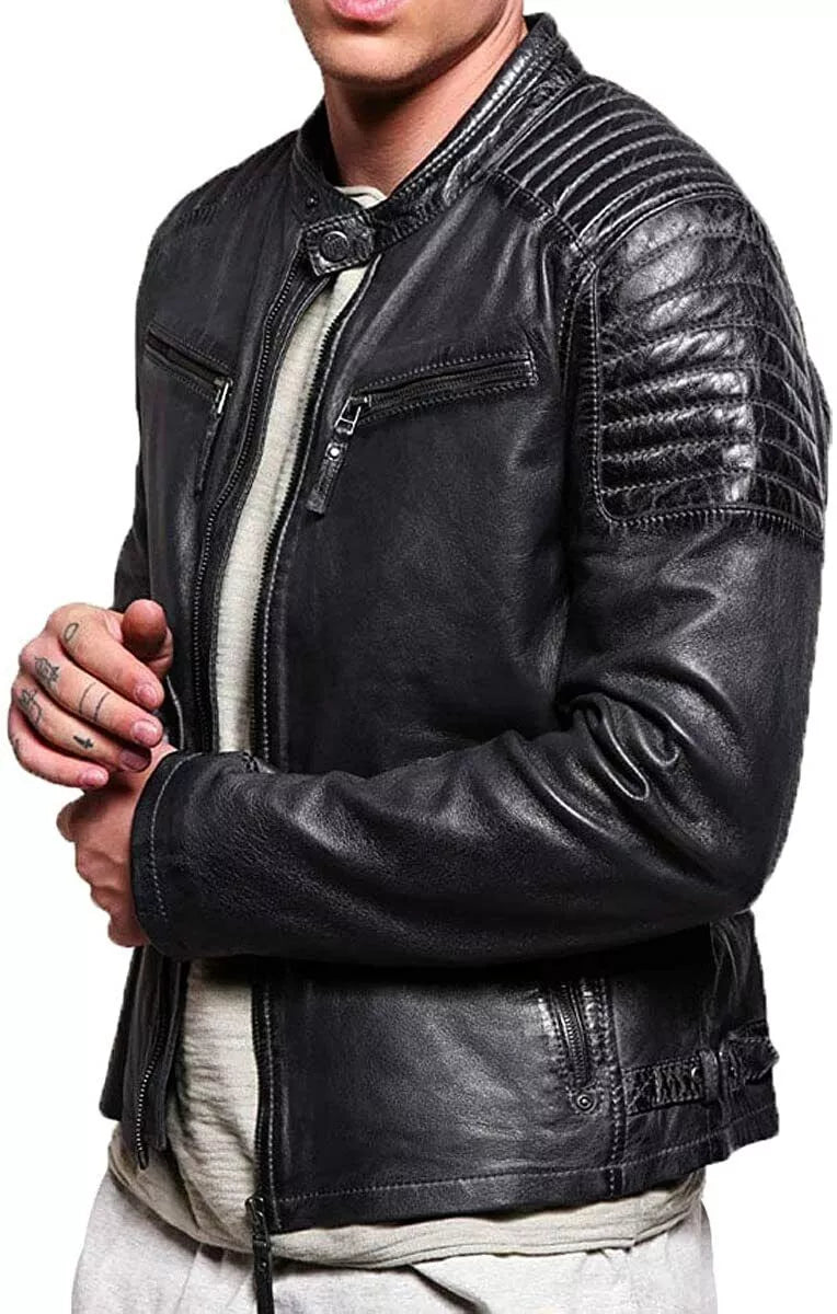 Lush Gear men's black biker leather jacket with quilted shoulder design and zippered pockets