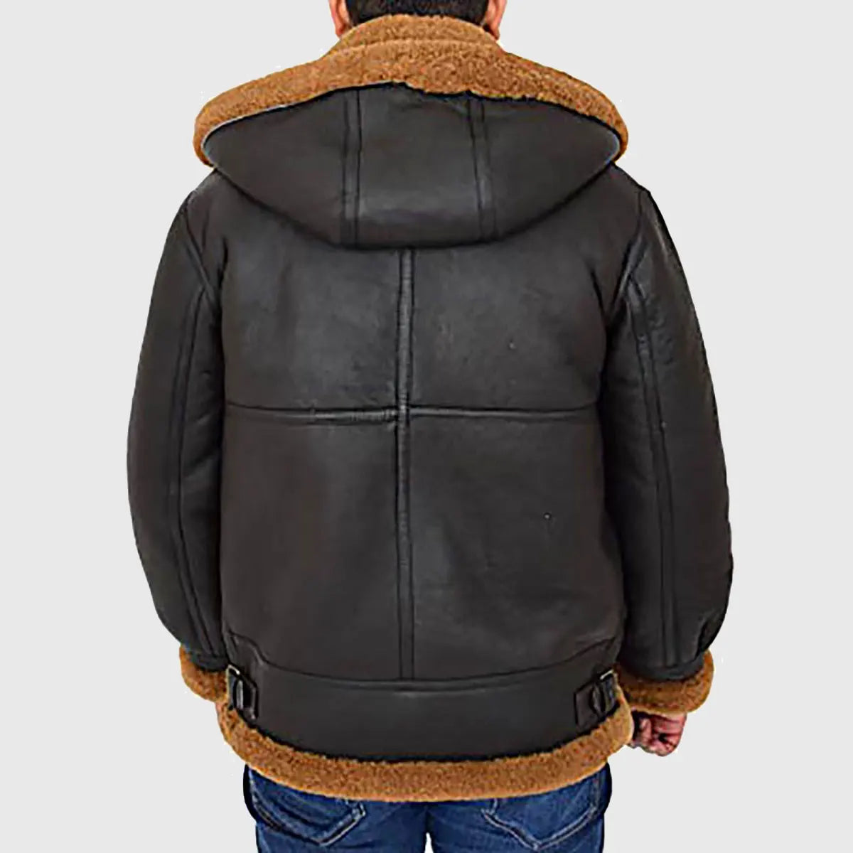 Back view of men's black hooded bomber leather jacket with brown shearling lining by Lush Wear