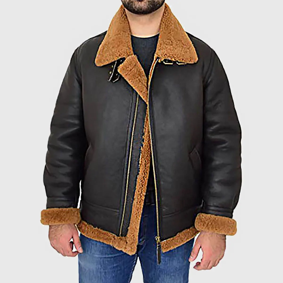 Lush Gear men's black hooded bomber leather jacket with brown fur lining and cuffs