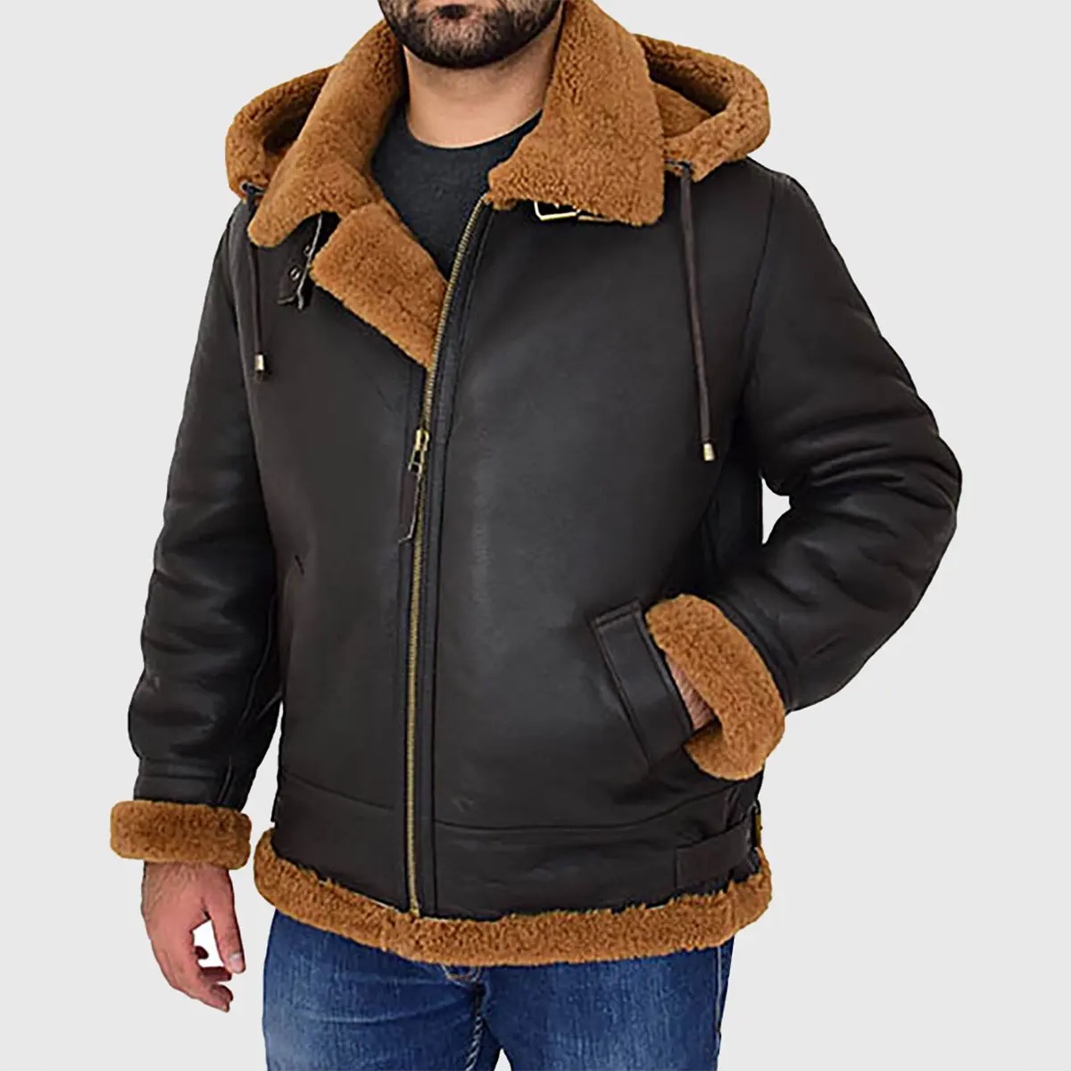 Lush Gear men's black hooded bomber leather jacket with brown shearling lining and zip closure