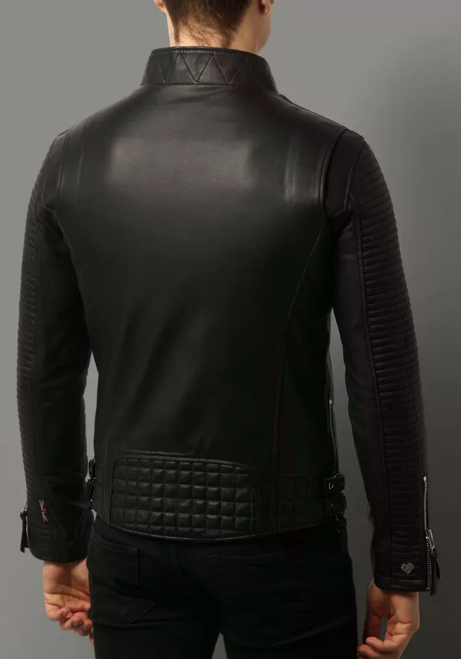 Back view of Men's Black Lambskin Leather Slim-Fit Biker Racer Zippered Pockets Jacket by Lush Gear