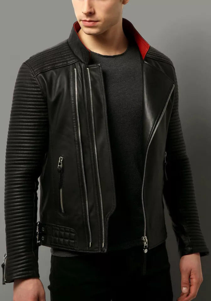 Men's Black Lambskin Leather Slim-Fit Biker Racer Zippered Pockets Jacket by Lush Gear on male model