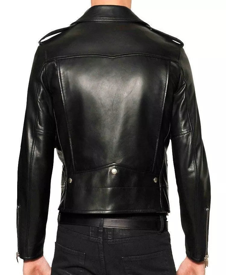 Back view of men's black leather biker jacket by Lush Gear with epaulets and silver button details