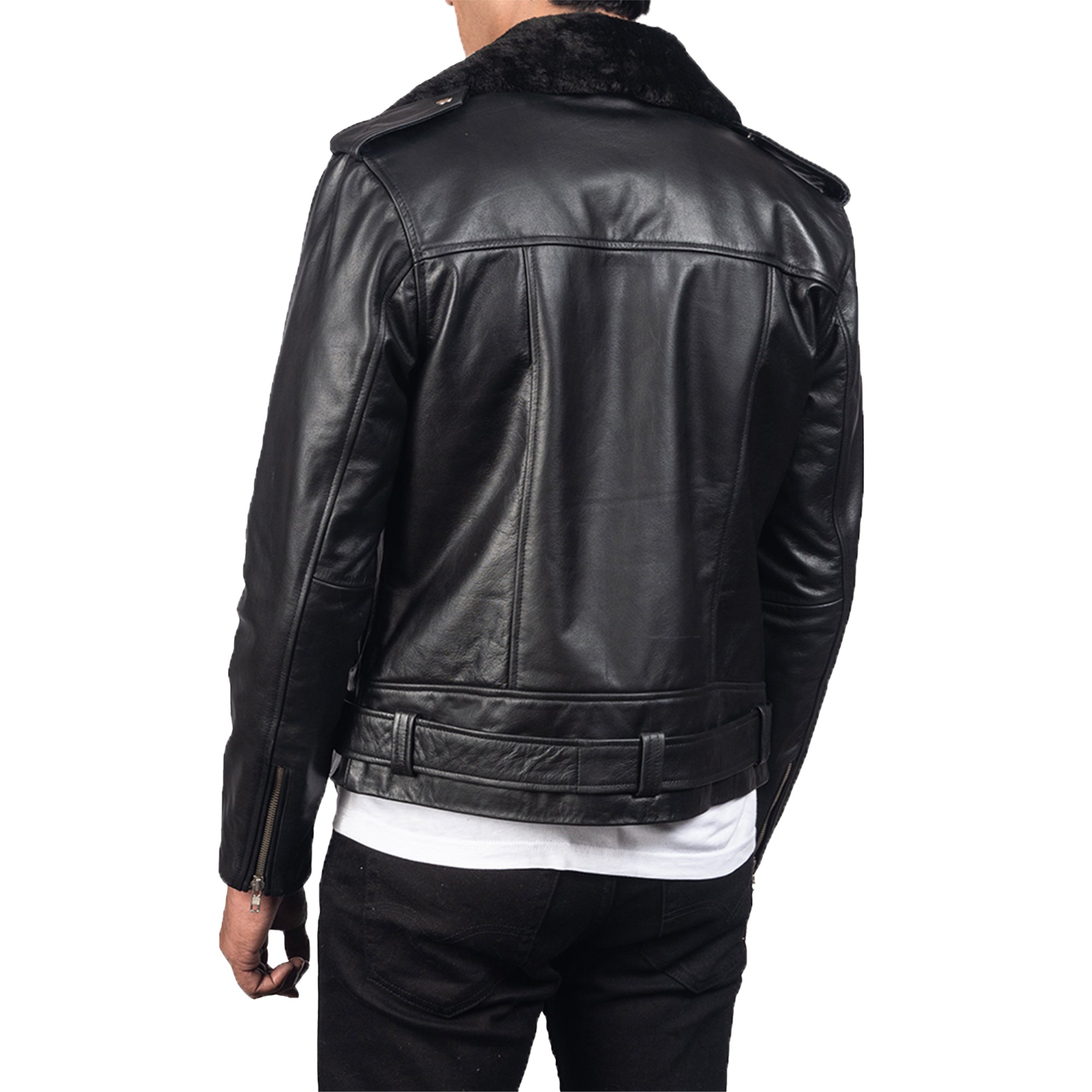 Back view of men's black leather biker jacket with fur collar from Lush Gear