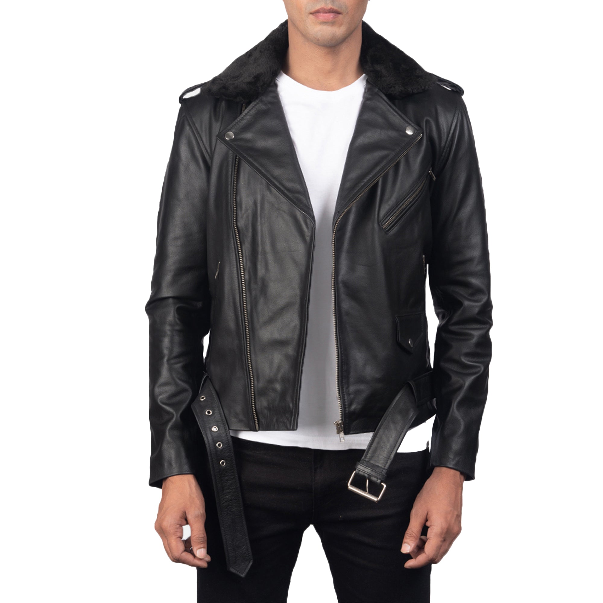 Lush Gear men's black leather biker jacket with fur collar and belt worn over white shirt