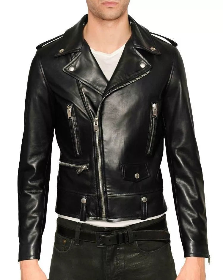 Lush Gear men's black leather biker jacket with zippered pockets and classic lapel collar