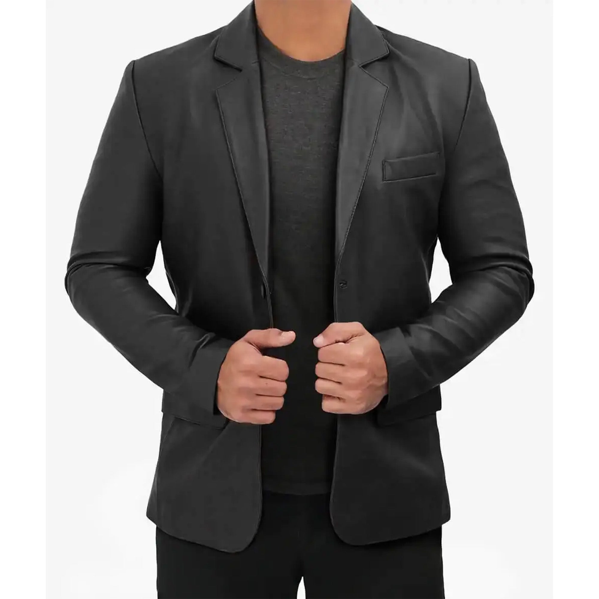 Lush Gear men's black leather blazer with notch lapel and front pockets styled on model