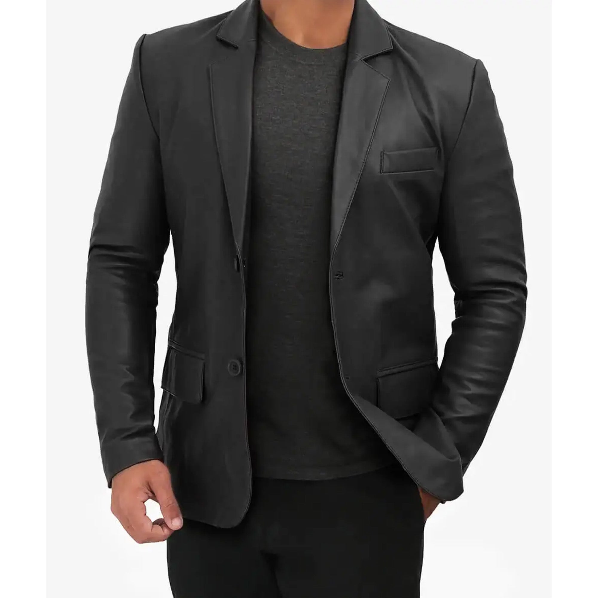 Lush Gear men's black leather blazer with notch lapel and front button closure styled with a black shirt