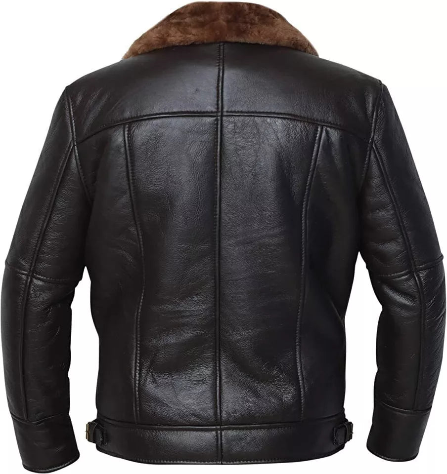 Back view of men's black leather bomber jacket with brown fur collar from Lush Wear