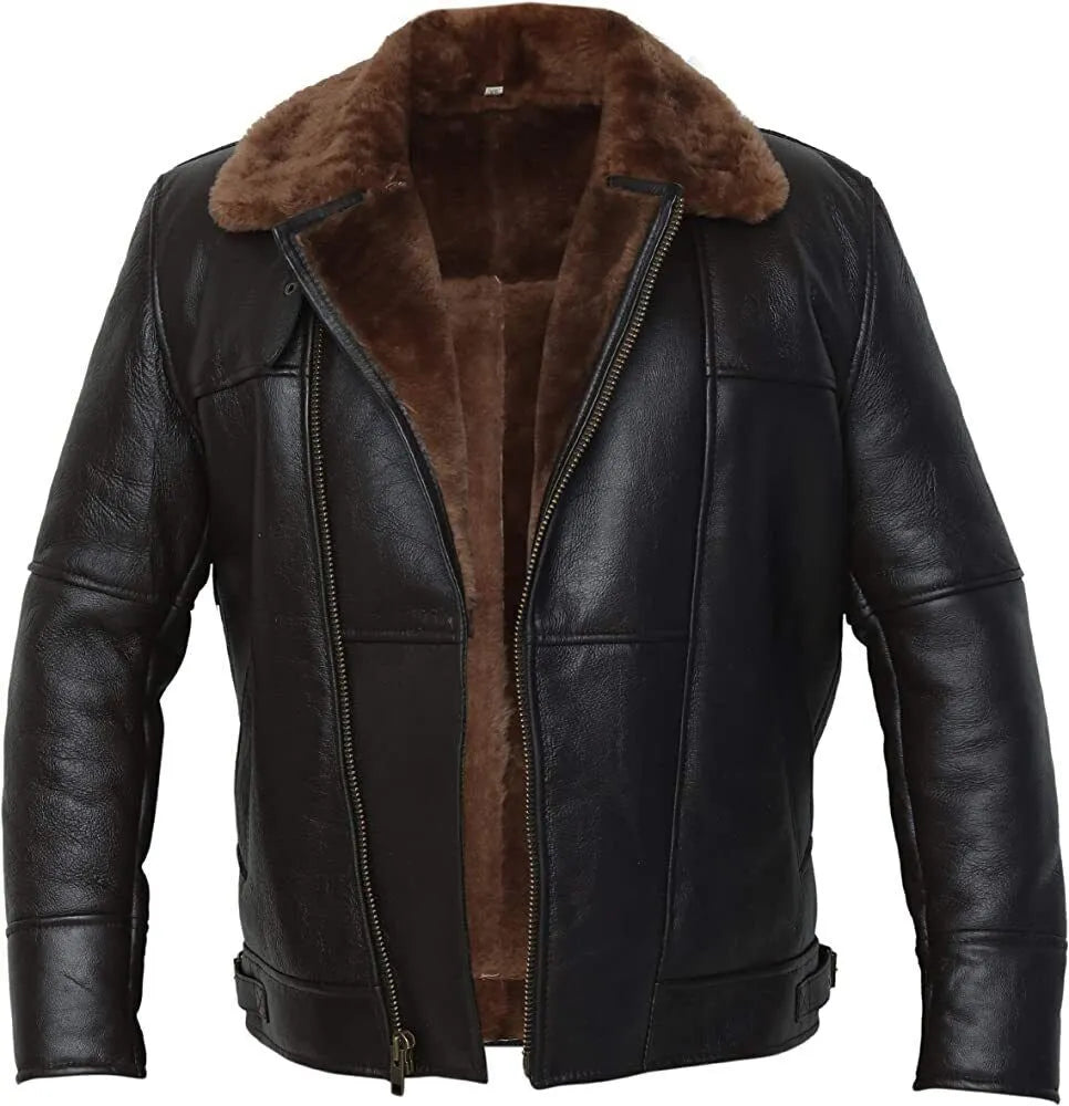Lush Wear men's black leather bomber jacket with brown fur lining and zip closure