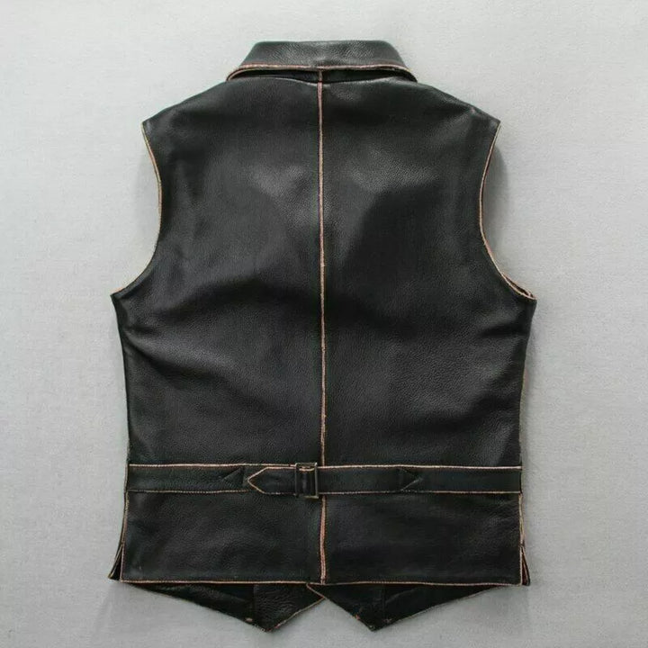 Back view of men's black leather motorcycle vest by Lush Gear with adjustable waist strap