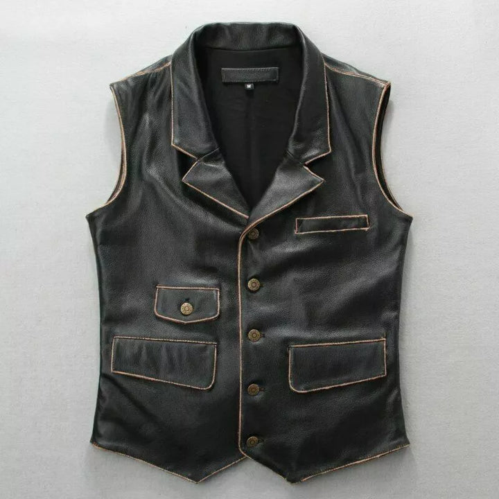 Lush Gear men's black leather motorcycle vest with button front and multiple pockets