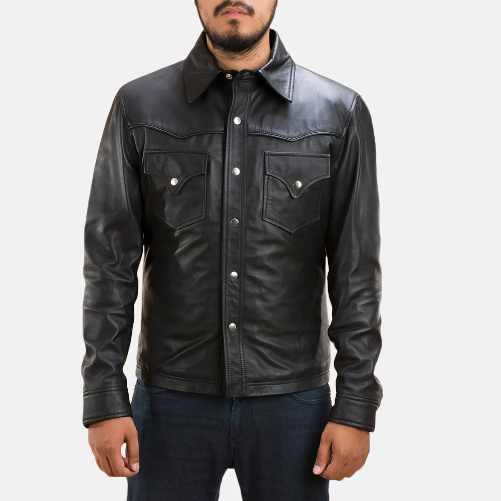 Lush Gear men's black leather shirt with snap button pockets and classic collar