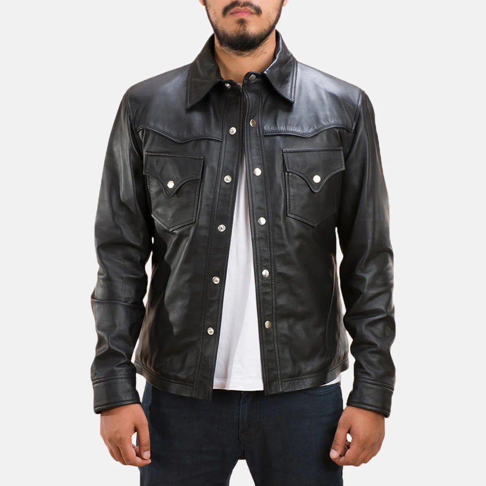 Lush Gear men's black leather shirt with front button closure and chest pockets