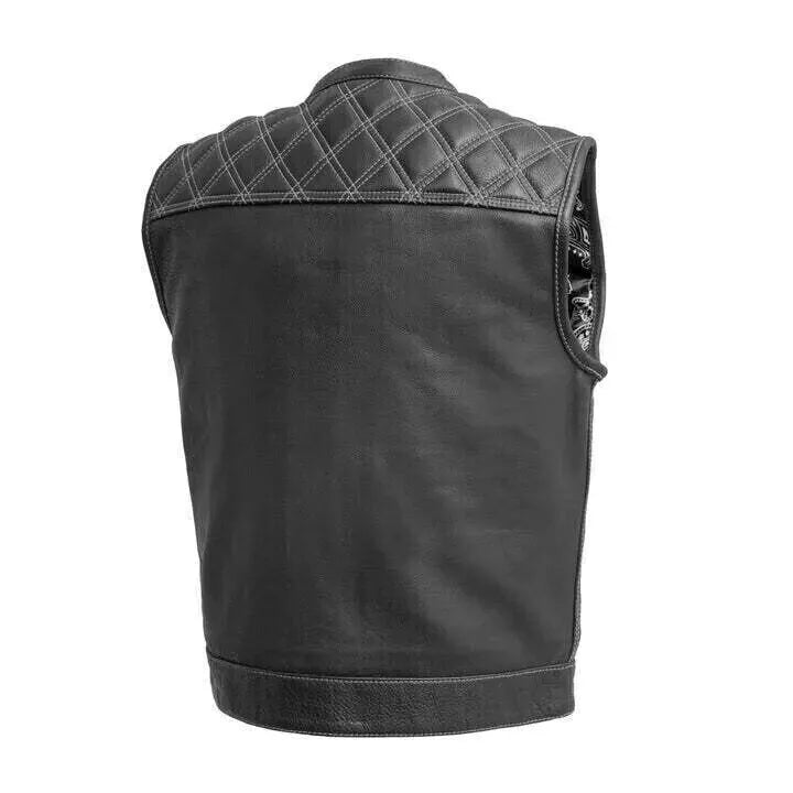 Men's Black Leather Vest Diamond Motorbike Motorcycle Concealed Waistcoat White shown from back with quilted shoulder design