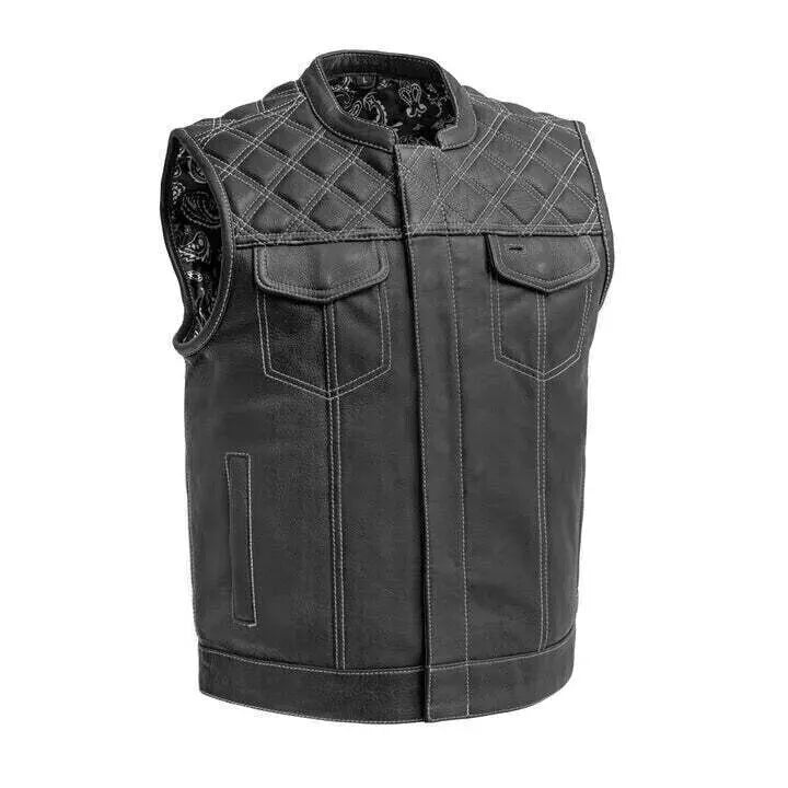 Men's Black Leather Vest Diamond Motorbike Motorcycle Concealed Waistcoat White with quilted shoulder design