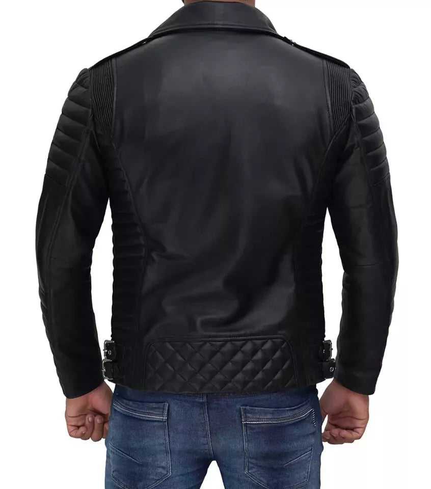 Mens Black Motorcycle Leather Biker Jacket by Lush Wear shown from the back with quilted detailing