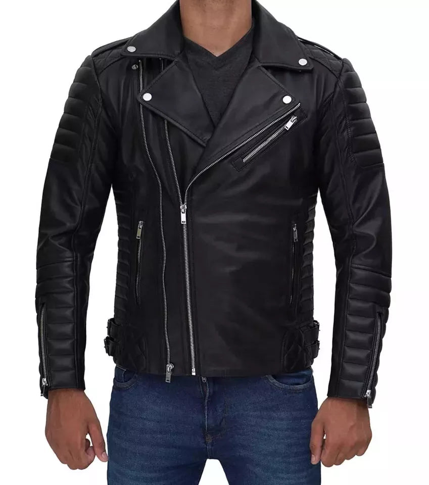 Mens Black Motorcycle Leather Biker Jacket with quilted sleeves and asymmetrical zipper by Lush Wear