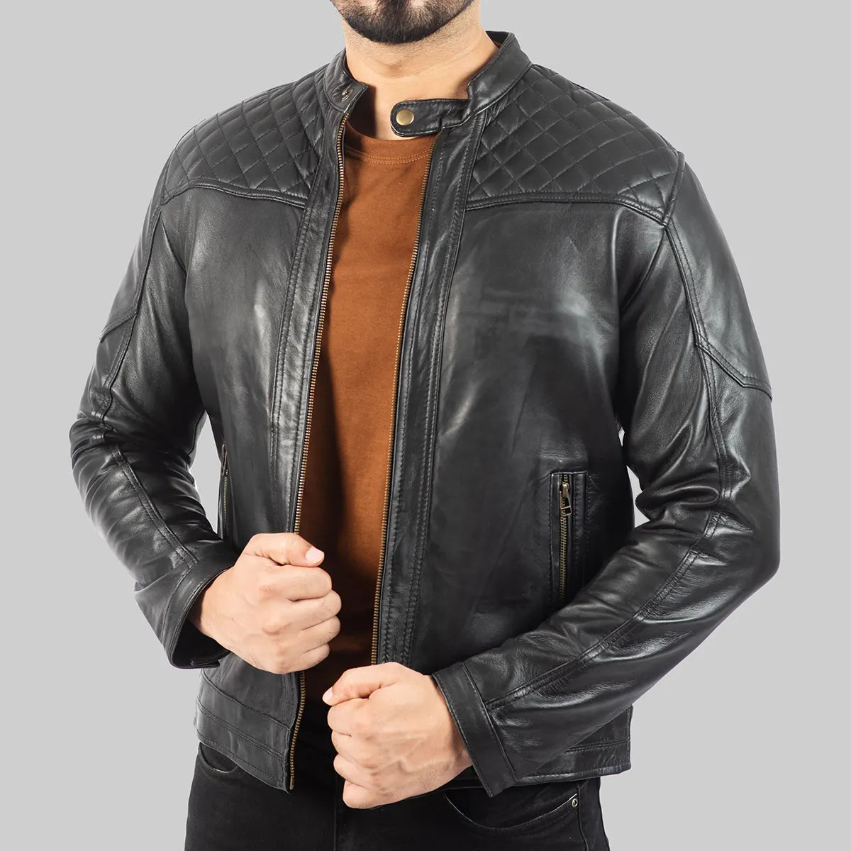 Lush Gear men's black quilted leather biker jacket with stand collar and zipper pockets