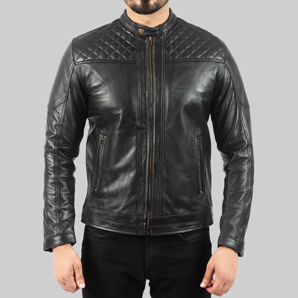 Lush Gear men's black quilted leather biker jacket with front zipper and zippered pockets