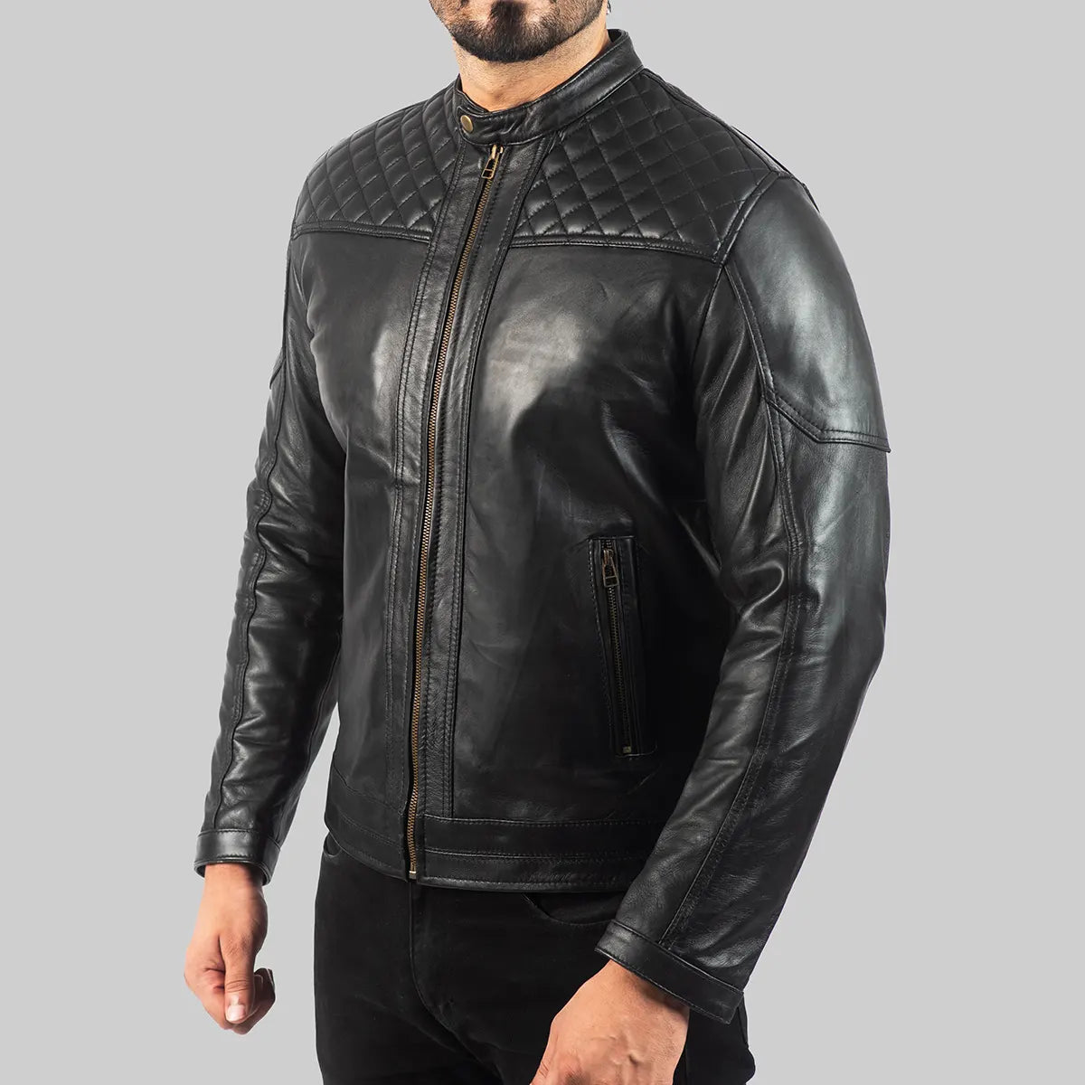 Men's black quilted leather biker jacket with zippered front and quilted shoulder design by Lush Gear