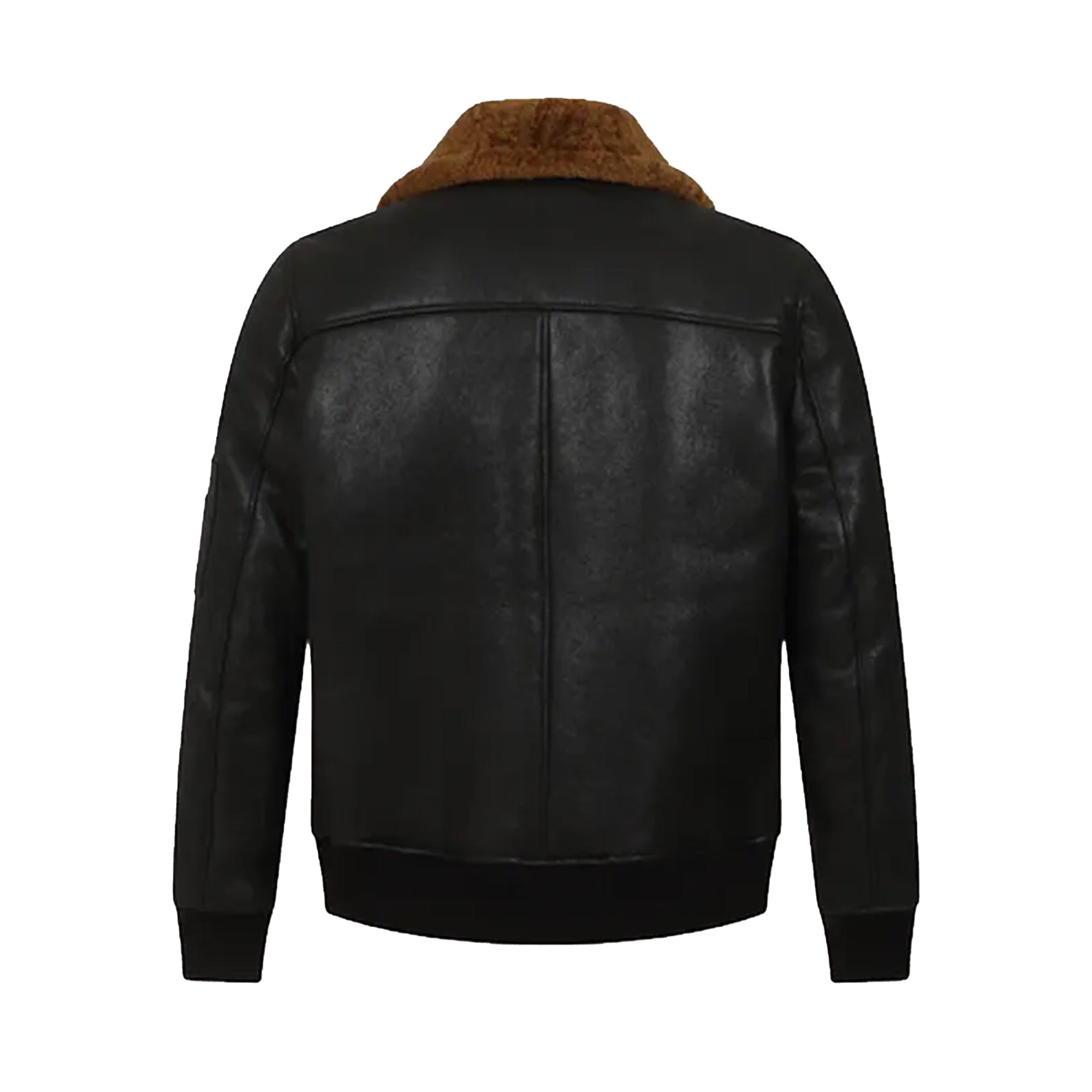 Lush Gear men's black shearling bomber jacket with brown collar and ribbed cuffs shown from the back