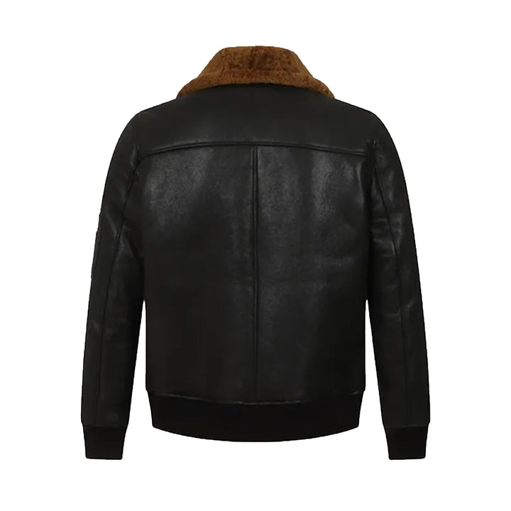 Lush Gear men's black shearling bomber jacket with brown collar and ribbed cuffs shown from the back
