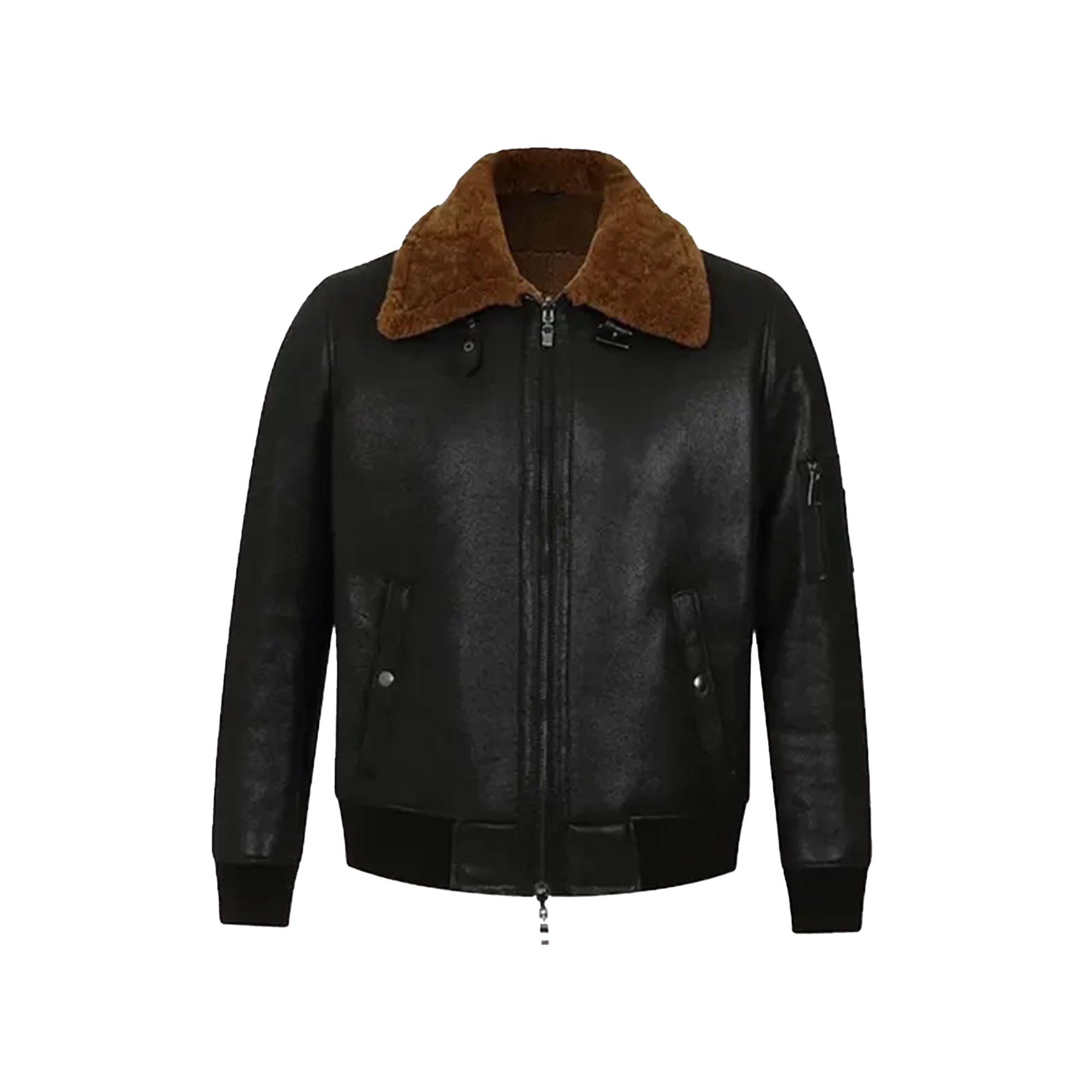 Lush Gear men's black shearling bomber jacket with brown fur collar and front zipper closure