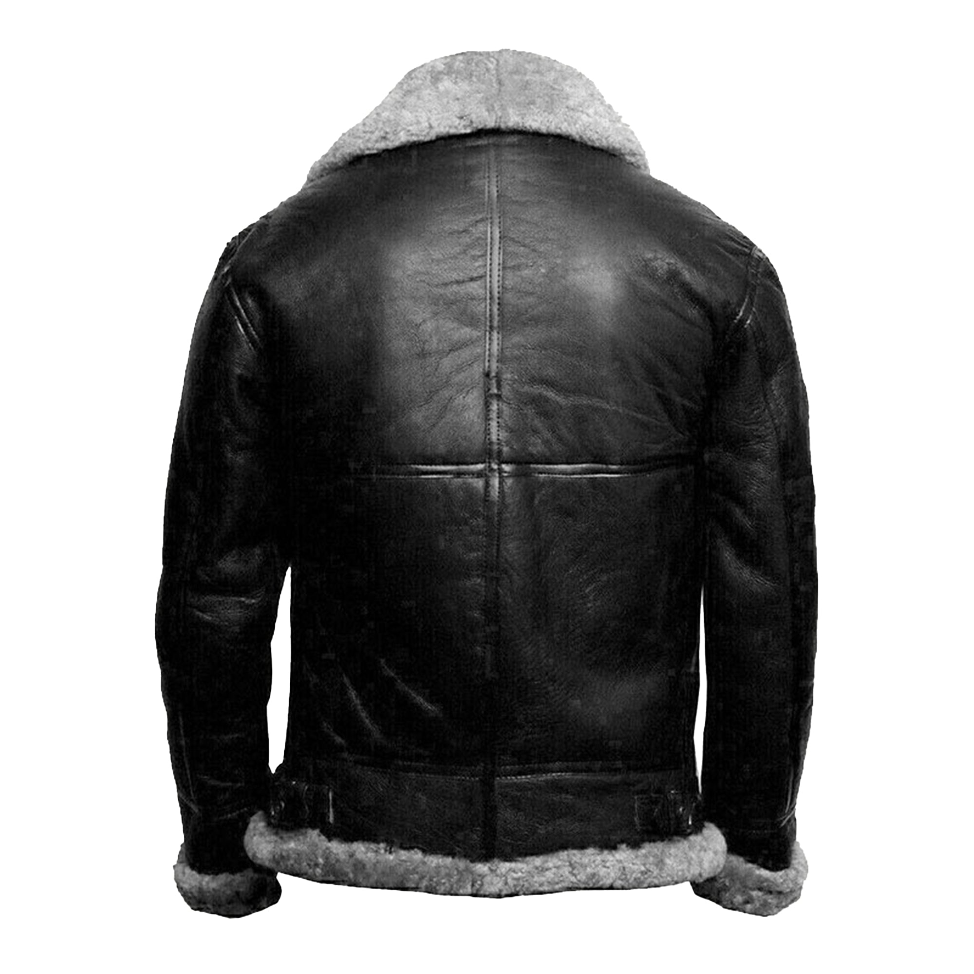 Back view of men's black shearling leather jacket with grey fur collar and cuffs by Lush Gear