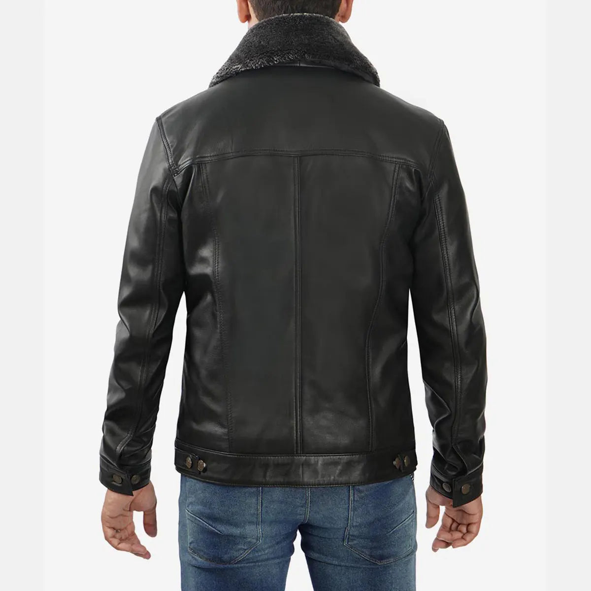 Back view of men's black shearling leather jacket by Lush Gear with fur collar and button details