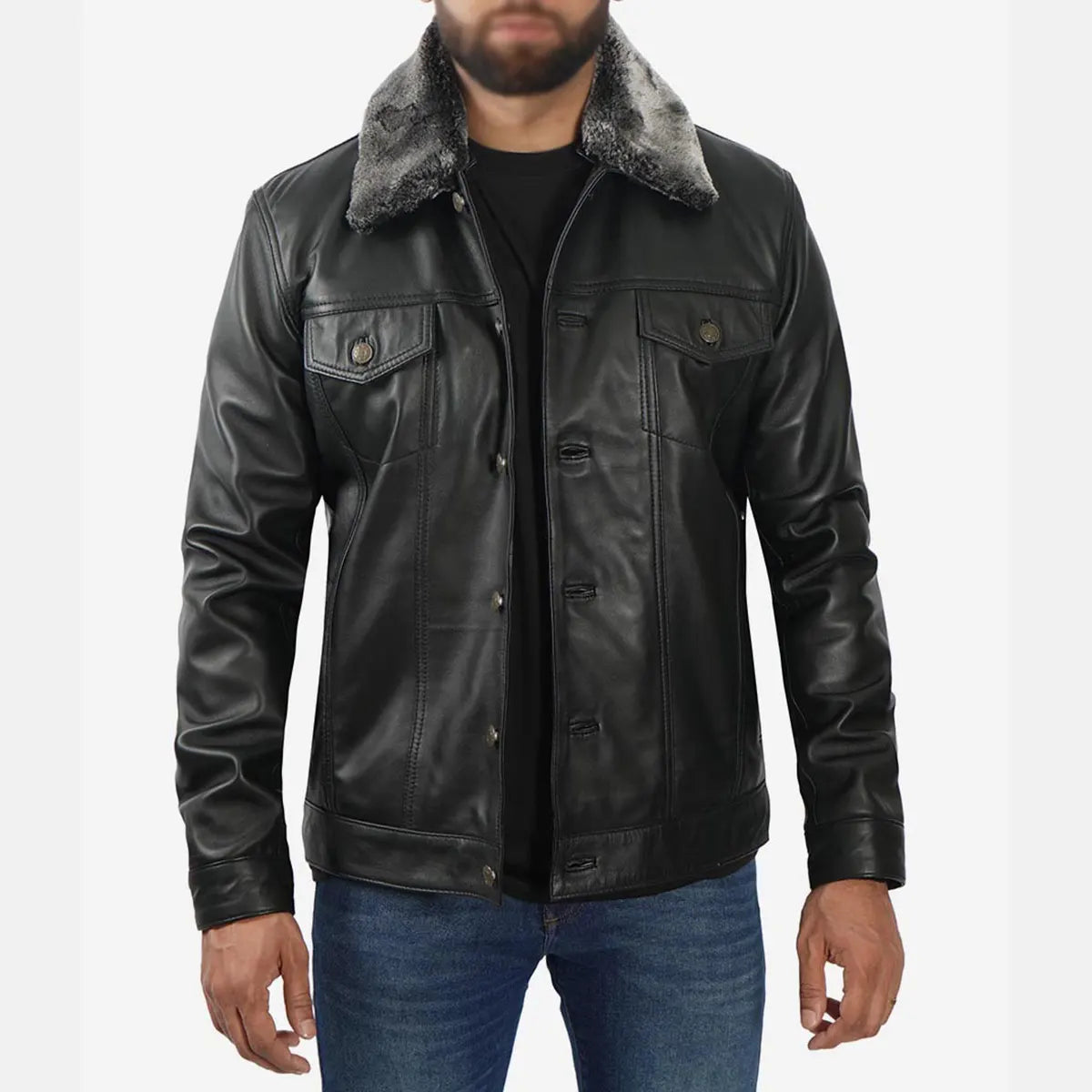 Men's black shearling leather jacket with fur collar and buttoned front pockets by Lush Gear