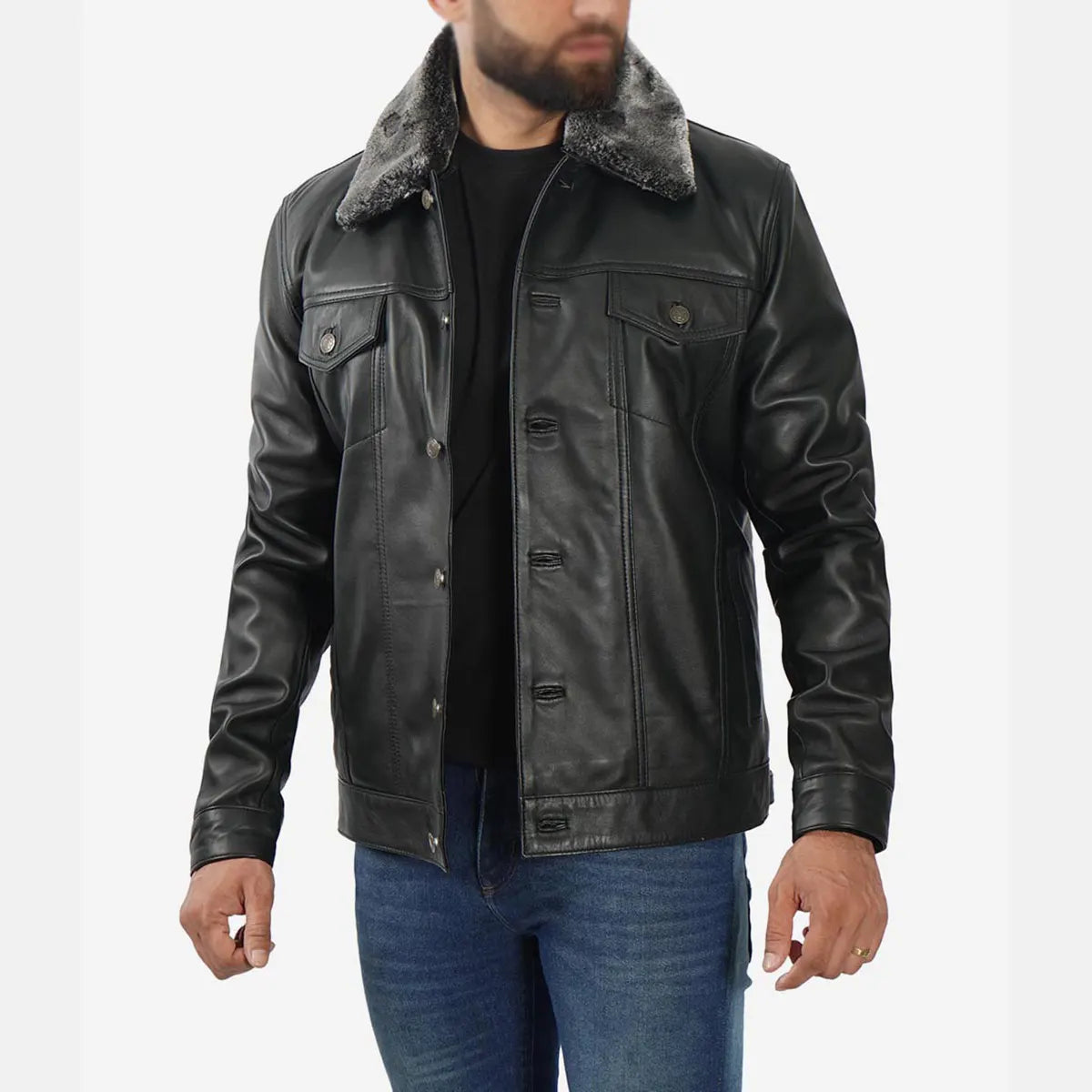 Lush Gear men's black shearling leather jacket with button front and fur collar