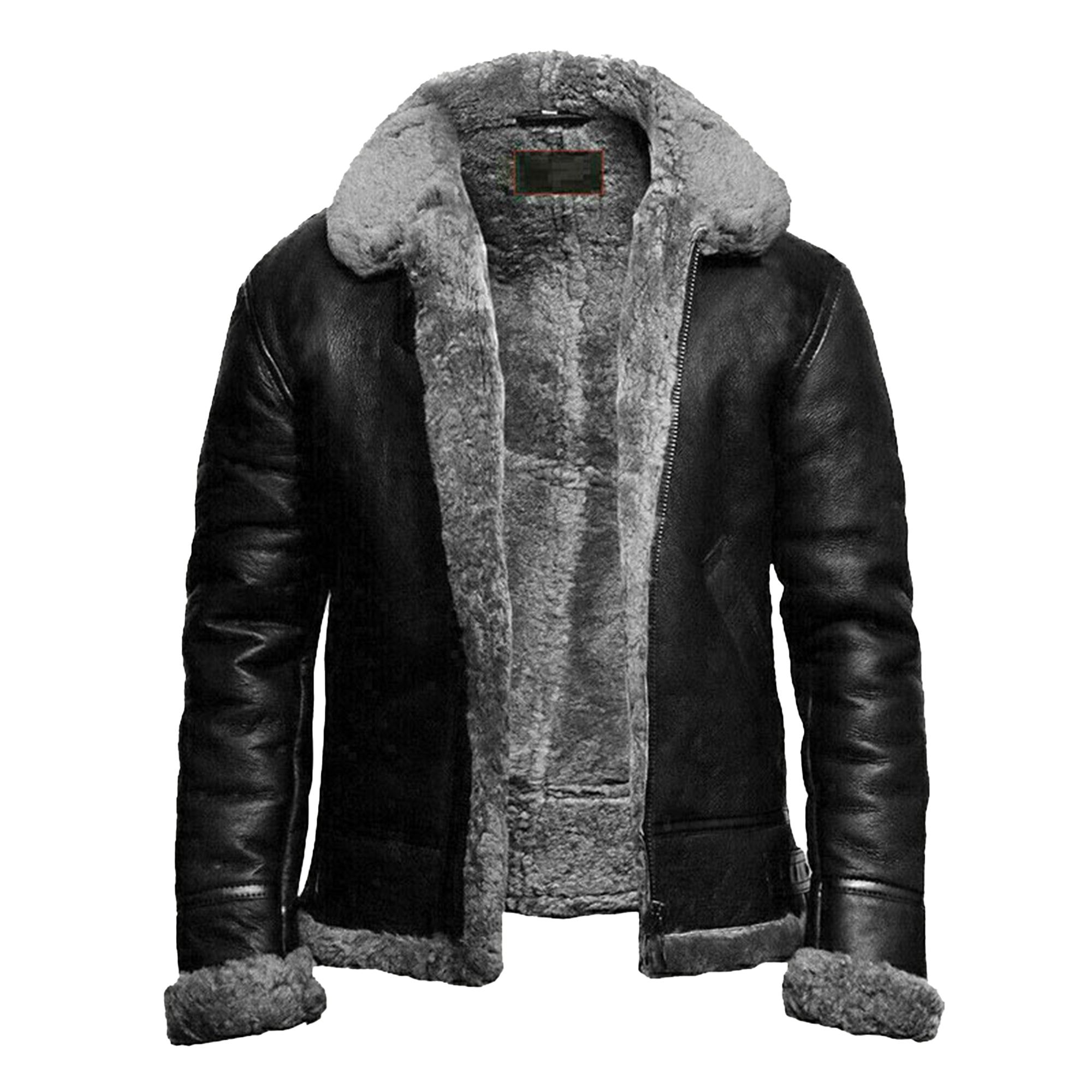 Lush Gear men's black shearling leather jacket with gray shearling lining and collar