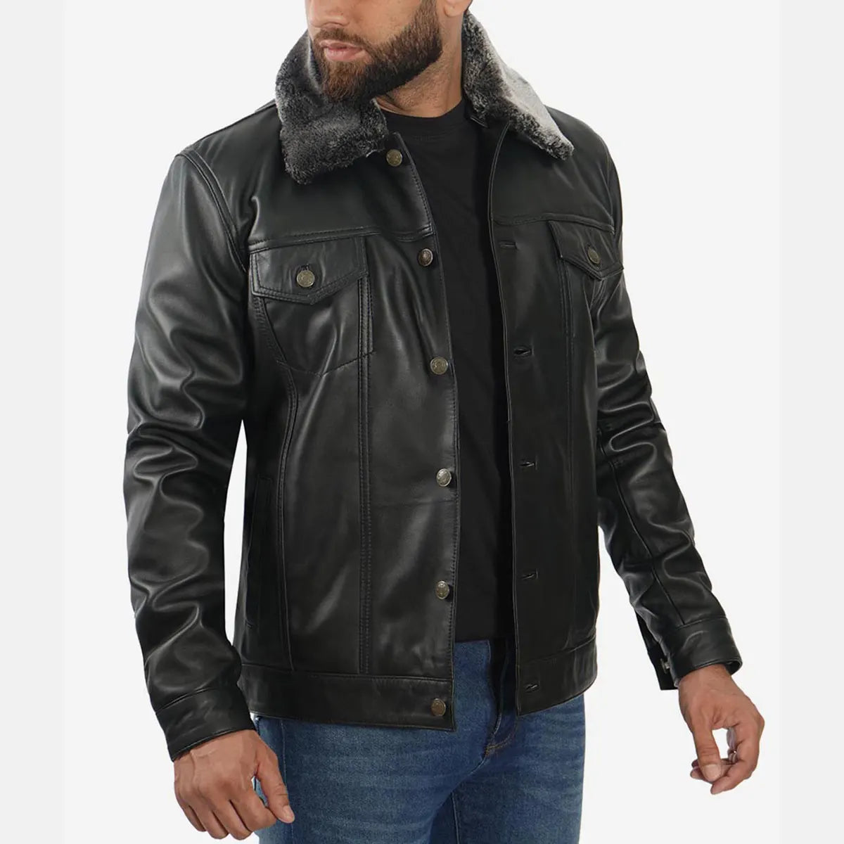 Men's black shearling leather jacket by Lush Wear with button closure and fur collar