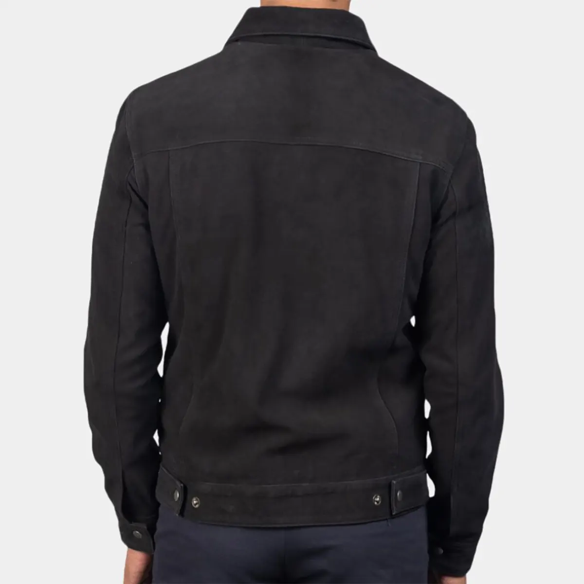 Back view of men's black suede trucker jacket from Lush Gear with buttoned waist adjustments