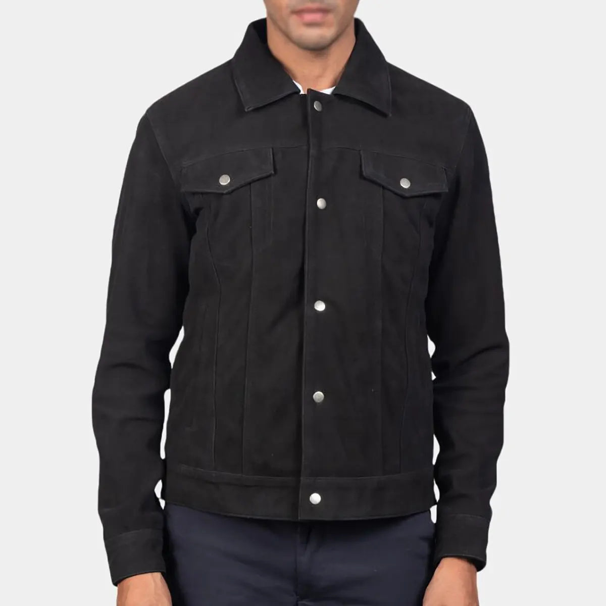 Lush Gear men's black suede trucker jacket with button front and chest pockets
