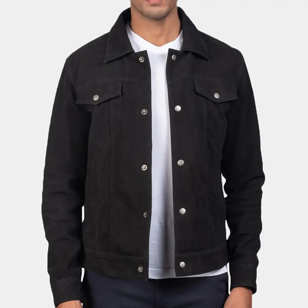 Lush Wear men's black suede trucker jacket with button closure and flap pockets