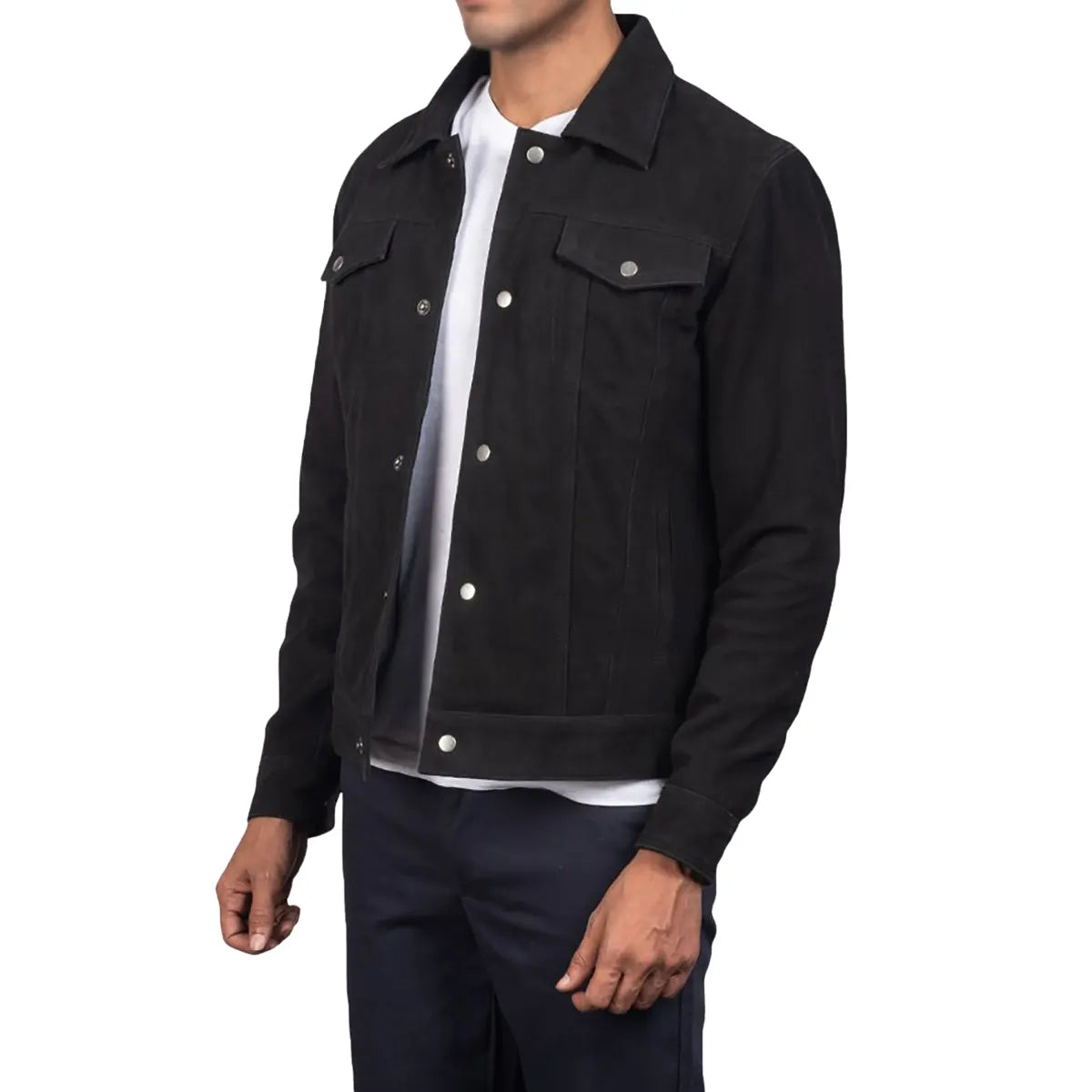 Lush Gear men's black suede trucker jacket with button closure and chest pockets