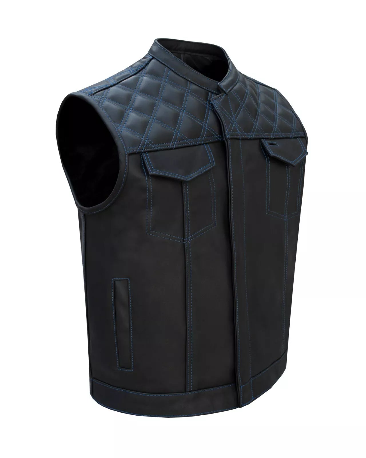 Mens Black Vest Diamond Padding WHITE Threading with quilted shoulder design and front pockets