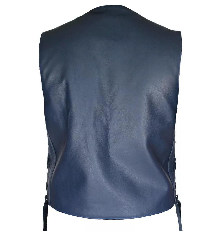 Back view of men's blue leather vest by Lush Wear with side lace-up detail